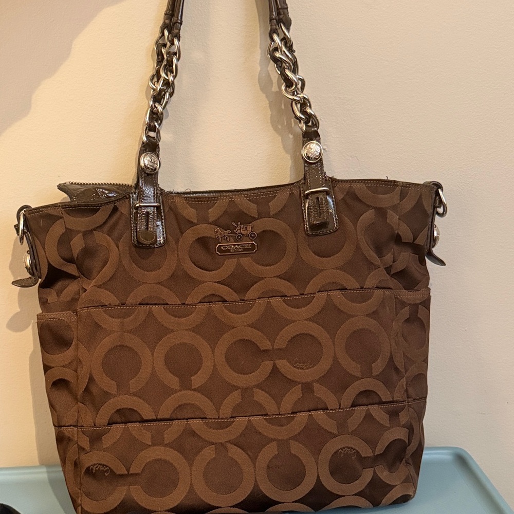 Coach Brown Signature Jacquard Tote with Patent Leather Handles
